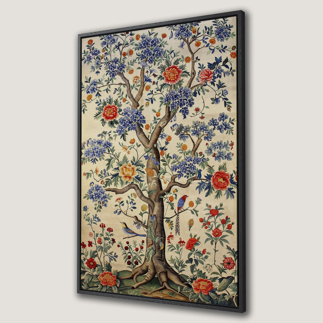 Framed Wall Art featuring a vintage floral tree design with blue, red, and beige hues. Perfect for adding a touch of elegance to your home decor.