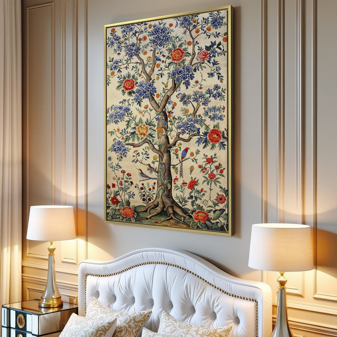 Canvas Print of a floral tree in a classic style with a blue, orange, and beige color palette, perfect for adding elegance to your home.