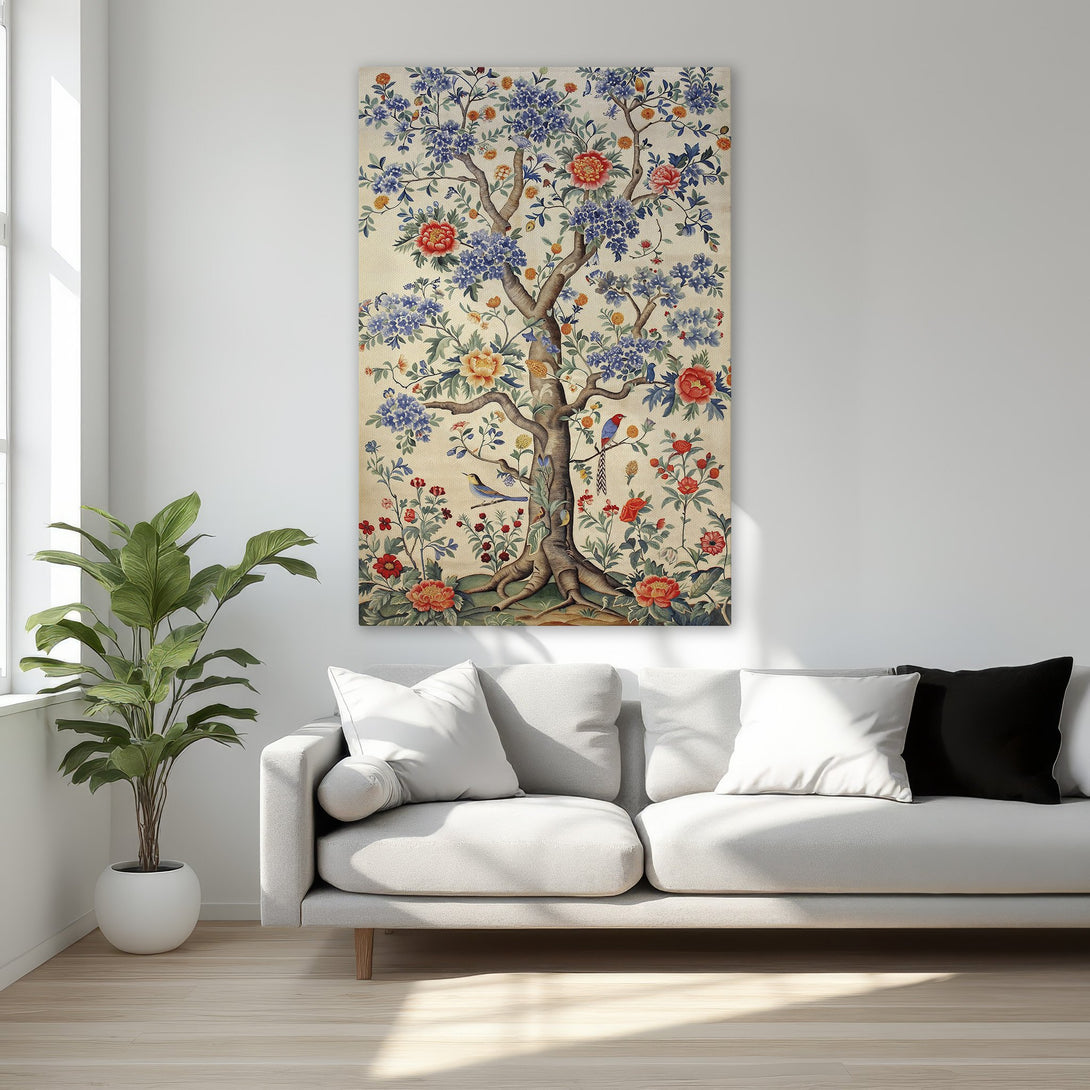 Framed Wall Art: Floral tree art print with a vintage style, featuring blue, red, and gold hues. Perfect for adding elegance to your bedroom decor.