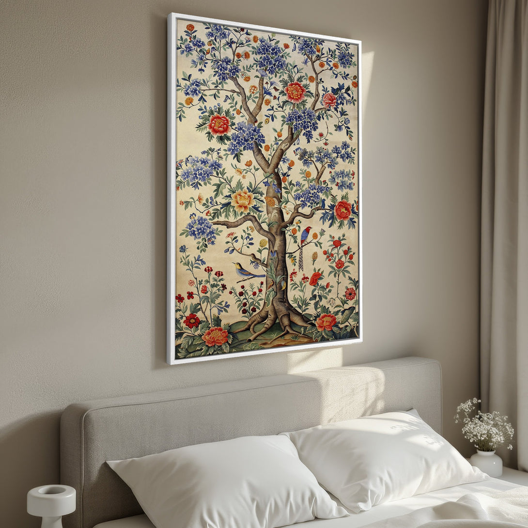 Framed Wall Art featuring a vintage tree design with blue, red, and yellow flowers. Perfect for adding a touch of nature and elegance to any space.