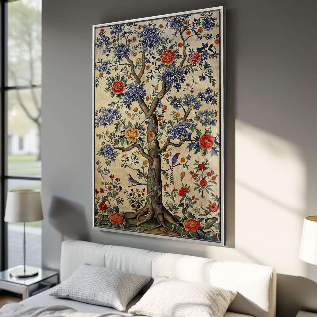 Framed Wall Art: Botanical tree print with blue, red, and gold floral details. Adds a touch of elegance to any space. Perfect for bedroom decor.