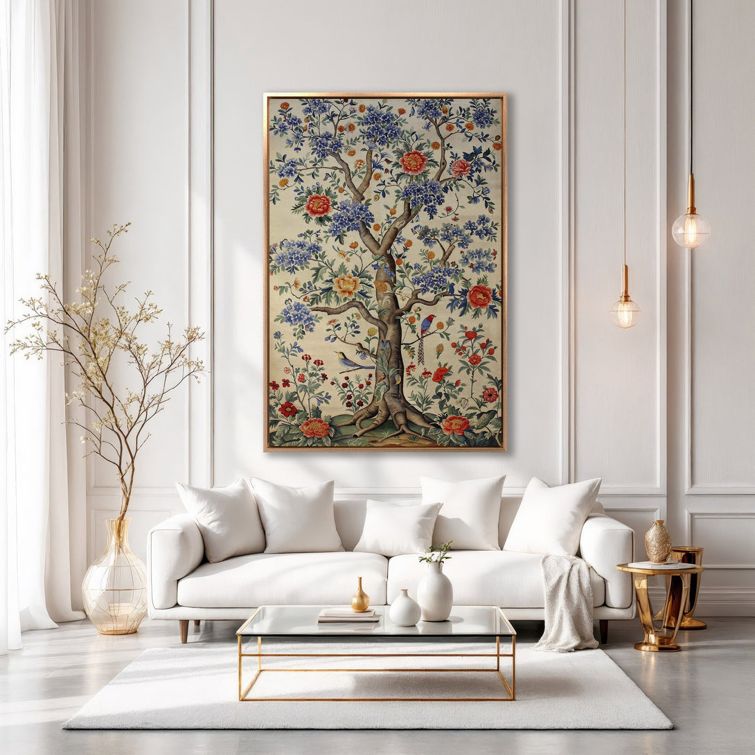 Framed Wall Art: Floral tree print in a gold frame. Vintage style with blue, red, and cream color palette, perfect for living room decor.