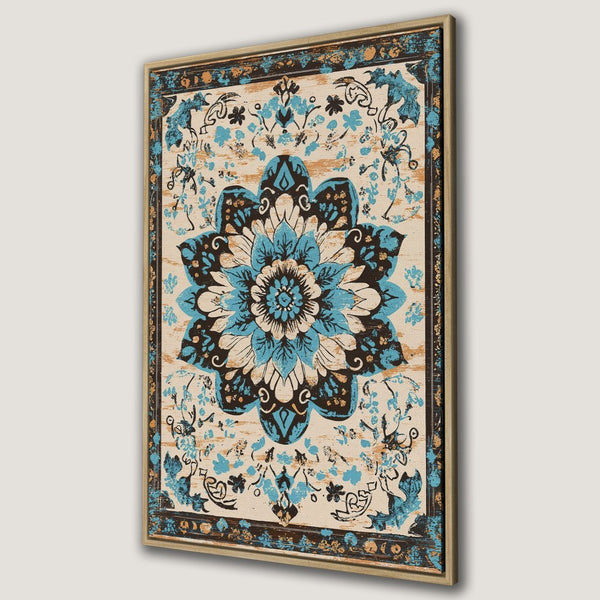 Framed Wall Art: Floral mandala design in blue, black, and beige. Adds bohemian style to your home decor. Canvas Print ready to hang!