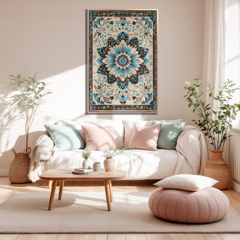 Framed Wall Art: Floral design in blue & cream, displayed in a living room. Perfect for boho decor. Shop our Canvas Print collection!