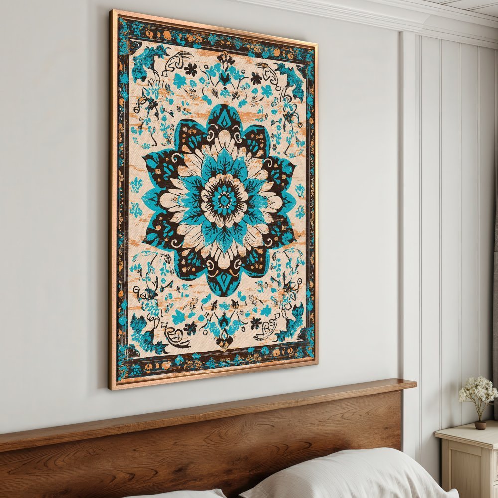 Framed Wall Art: Floral Canvas Print in teal and brown. Boho style art for bedroom decor. Add a pop of color to your space!