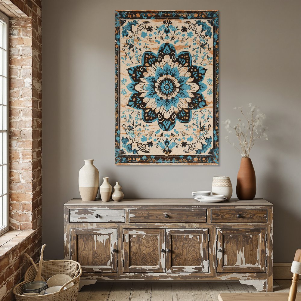 Framed Wall Art featuring a floral mandala design in turquoise, brown, and beige. Perfect for adding a touch of bohemian style to your dining room!