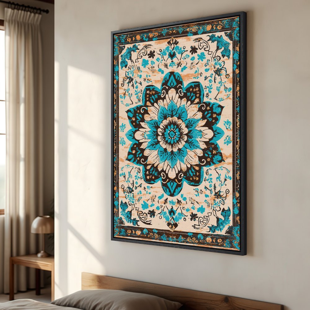 Framed Wall Art featuring a vibrant floral mandala design in turquoise, brown, and cream. Boho-chic Canvas Print perfect for adding a pop of color to any space.