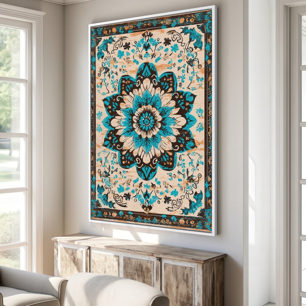 Framed Wall Art: Bohemian floral canvas print in teal, brown, and beige. Add a touch of elegance to your space!