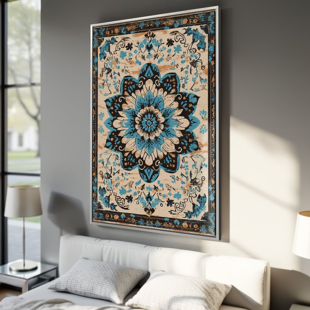 Framed Wall Art: Floral Canvas Print in blue and beige. Bohemian style wall decor for bedroom or living room.
