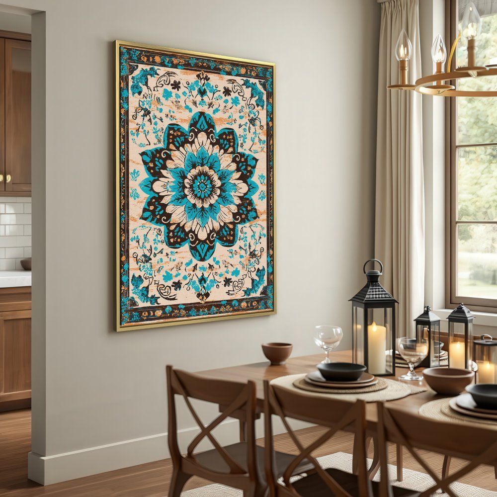 Canvas Print of a floral mandala in blue and beige tones. Bohemian style wall art for your home decor.