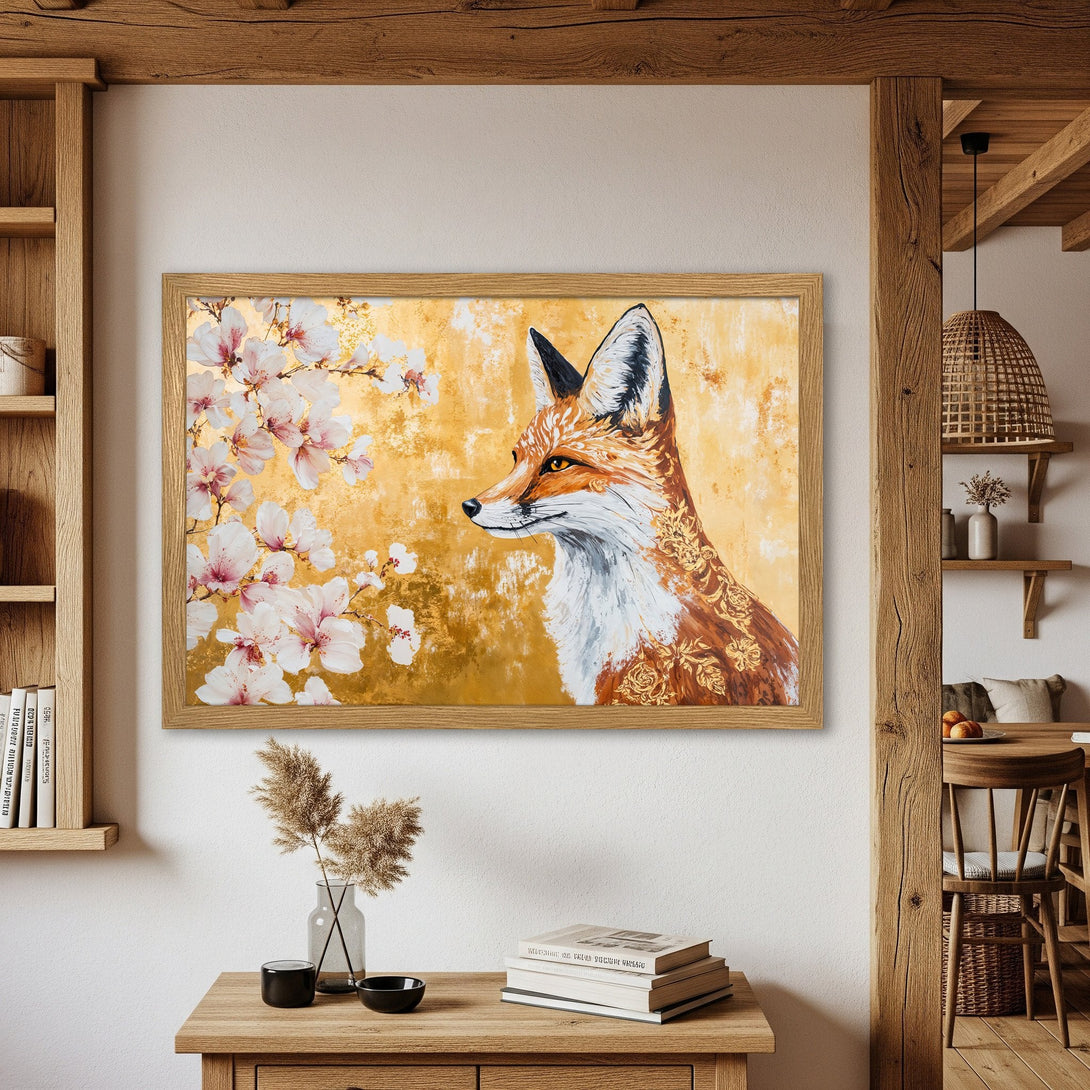 Framed Poster featuring a fox and floral design. Warm gold and brown tones create a cozy, artistic vibe. Perfect wall art for any space!