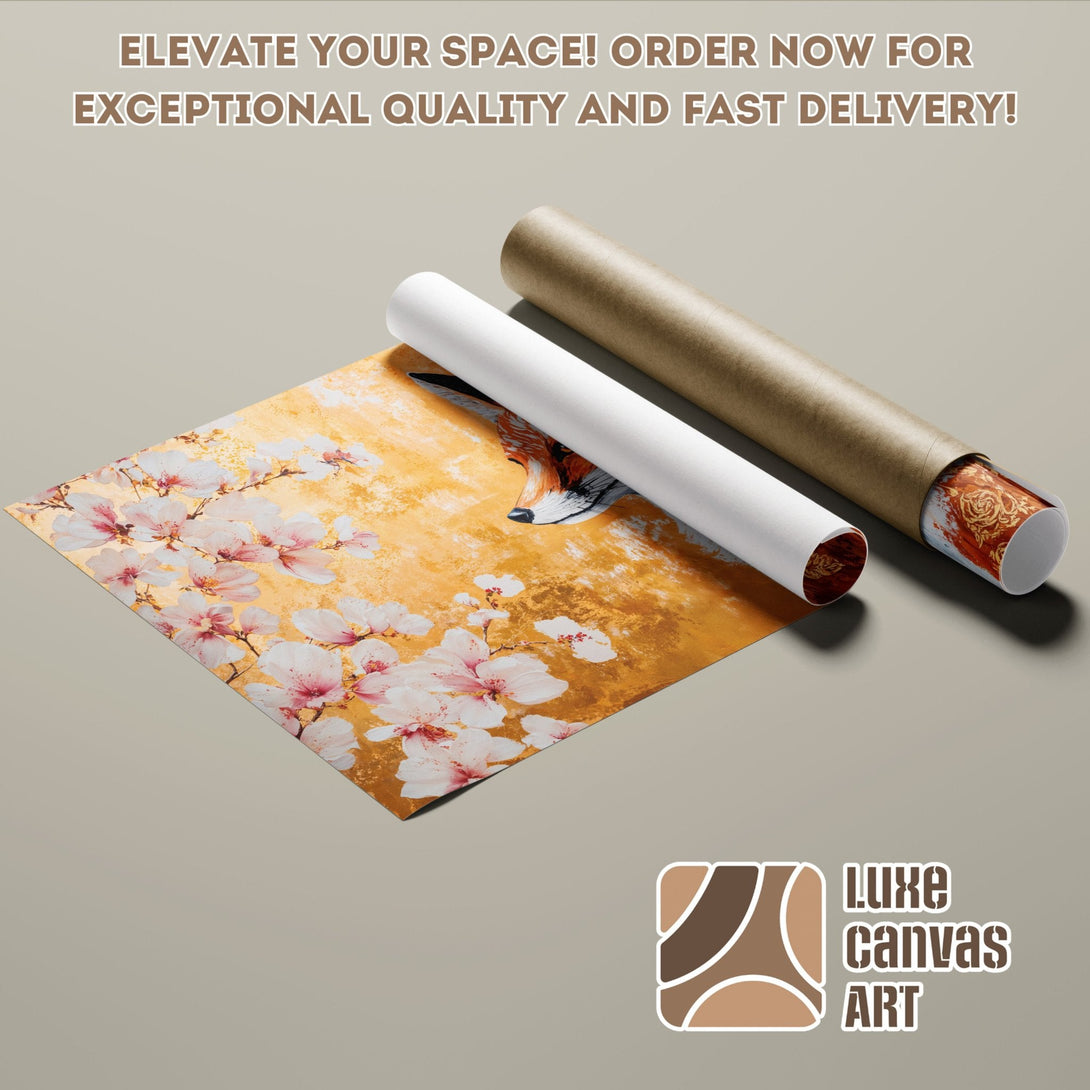 Poster Roll featuring a fox and floral art, warm gold and pink palette. Elevate your space!