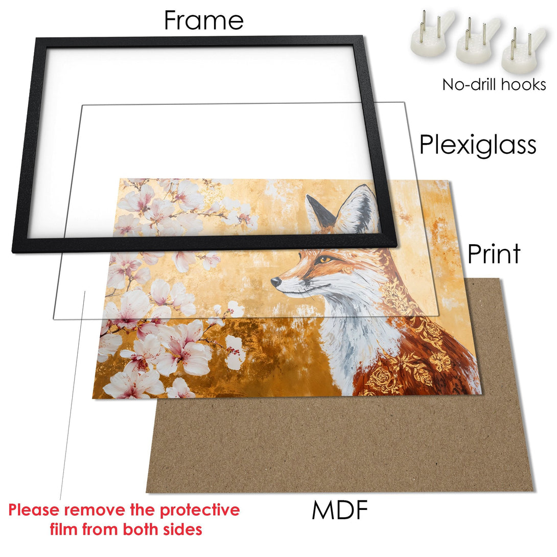 Framed Poster: Fox art print with floral accents in warm gold, white, and brown tones. Elevate your space!