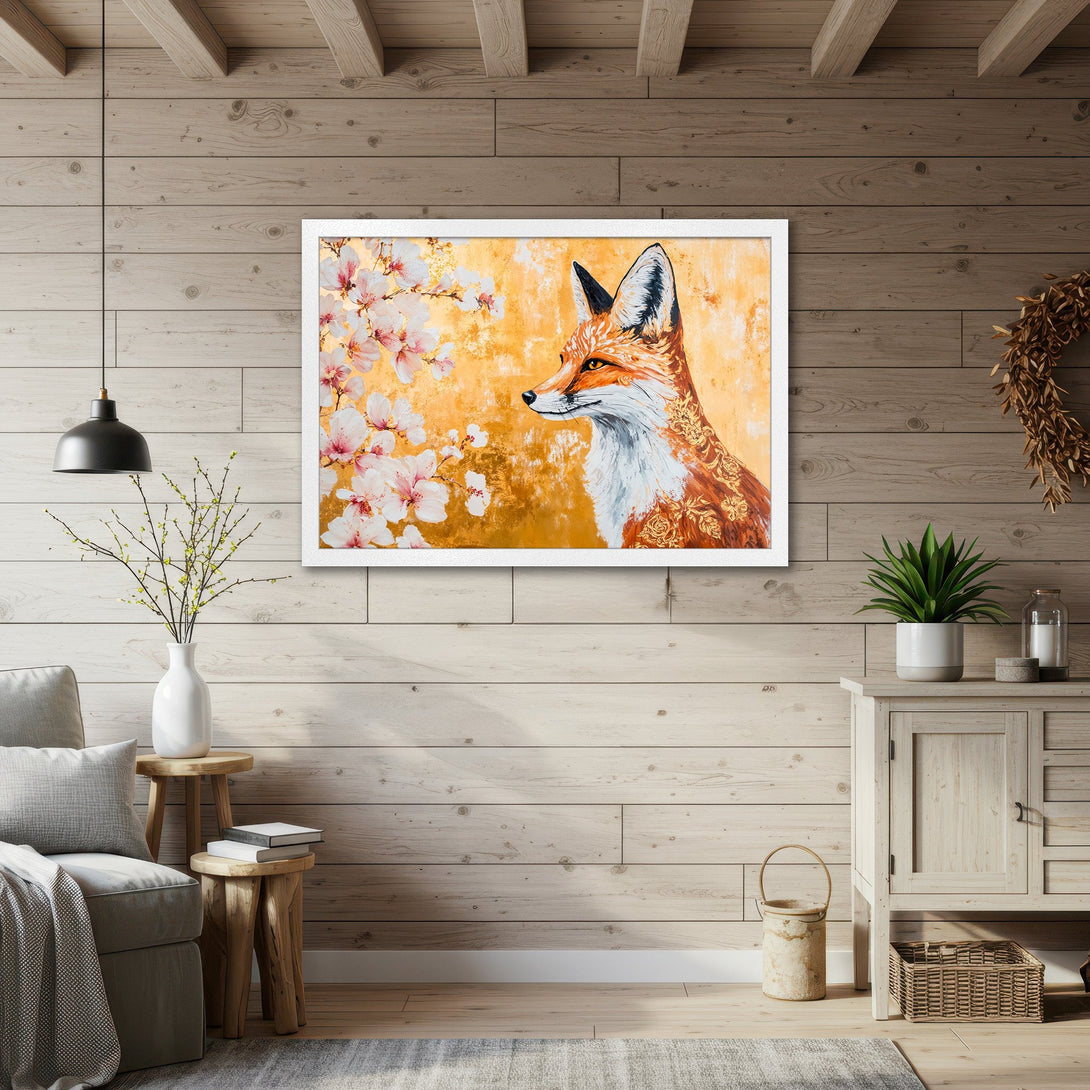 Framed Poster featuring a majestic fox with floral accents, painted in a warm, golden and orange color palette. Perfect wall art!