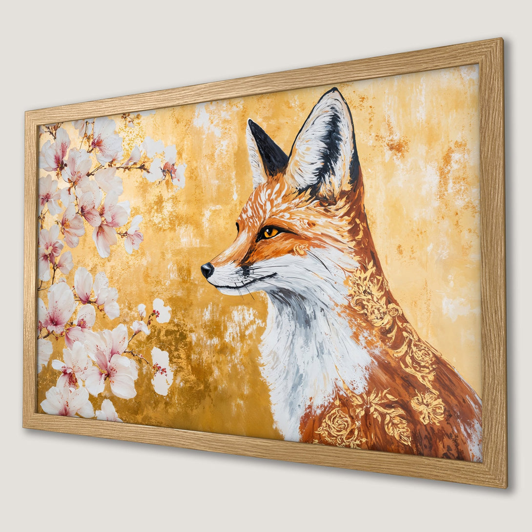 Framed Poster featuring a fox with floral details, in warm gold and orange tones. Perfect wall art!