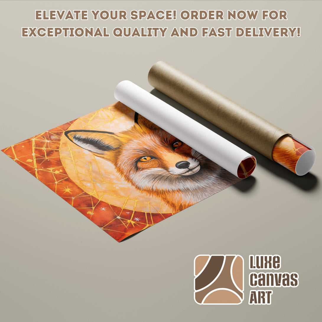 Fox art poster roll in warm orange & gold tones. Elevate your space! Order your poster today!