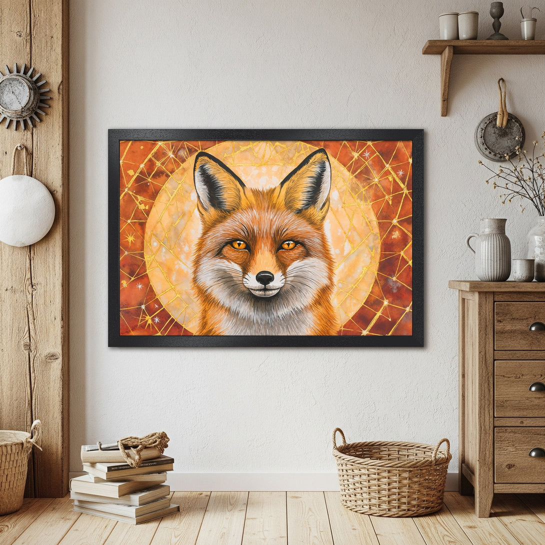 Framed Poster of a fox in an artistic style, warm orange color palette, perfect for home decor.