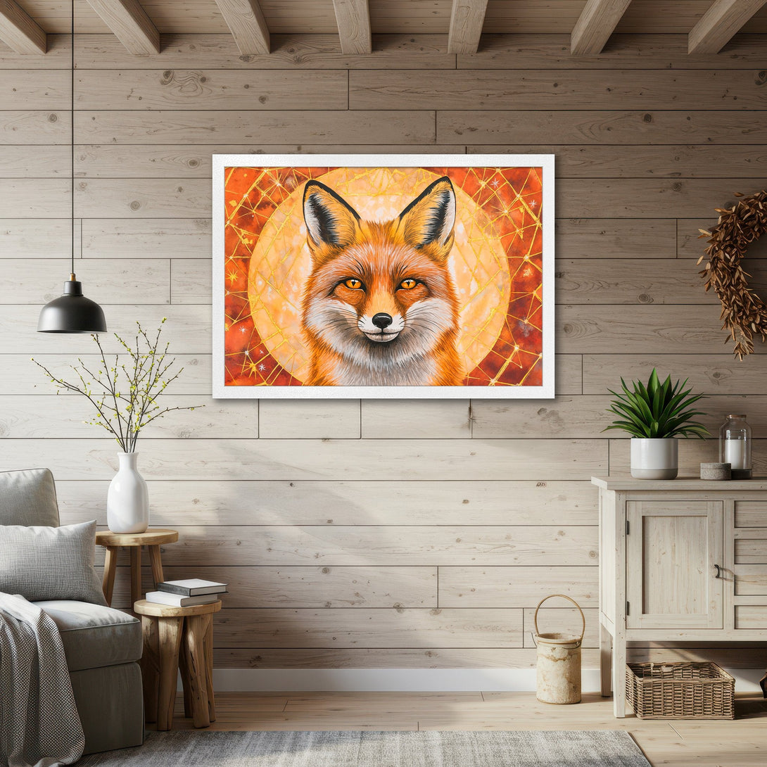 Framed Poster featuring a vibrant fox illustration in warm orange and gold tones. Perfect wall art for a cozy, stylish home.