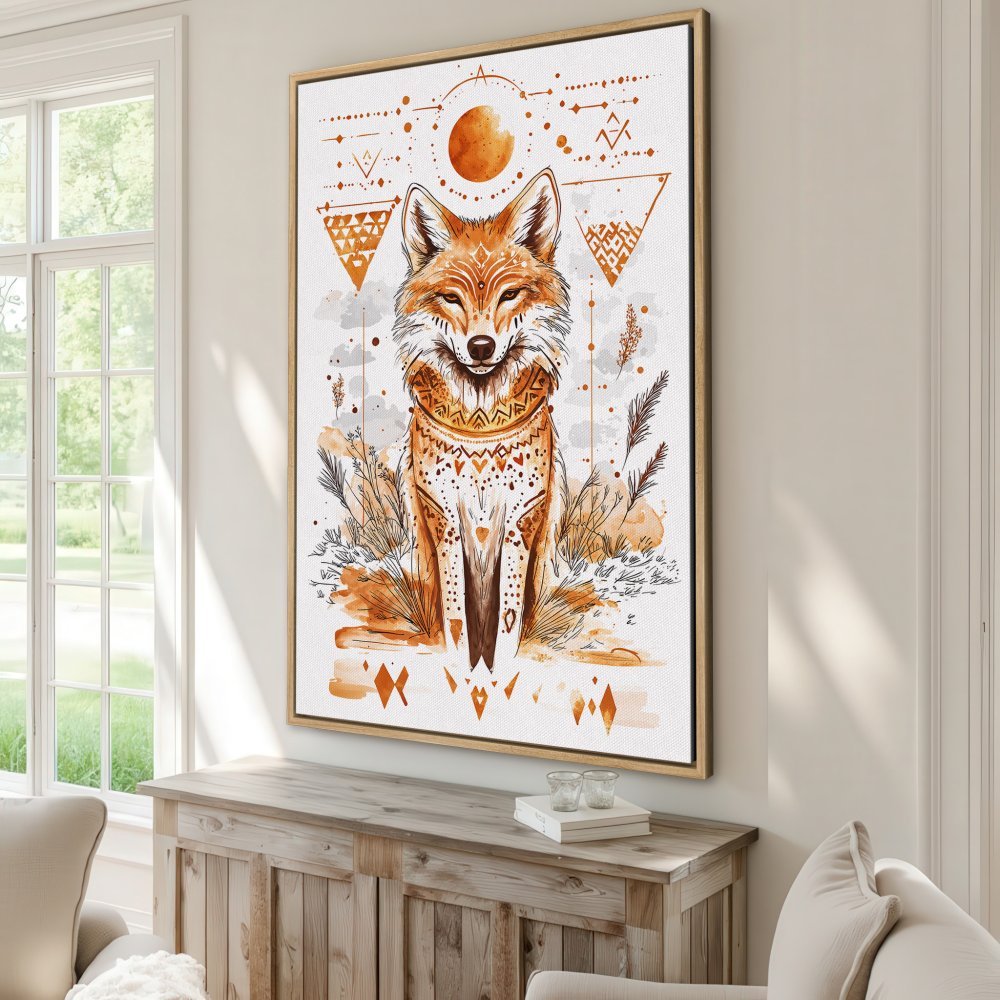 Framed Wall Art: Watercolor fox print in warm orange tones. Boho style canvas print for living room decor.