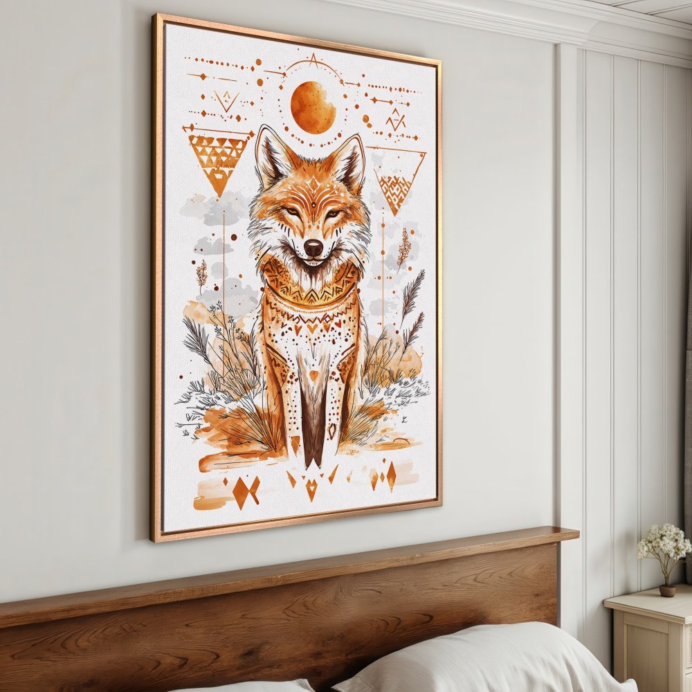 Framed Wall Art: Watercolor fox print in boho style, warm orange & neutral tones. Perfect for adding a touch of nature to your home decor.