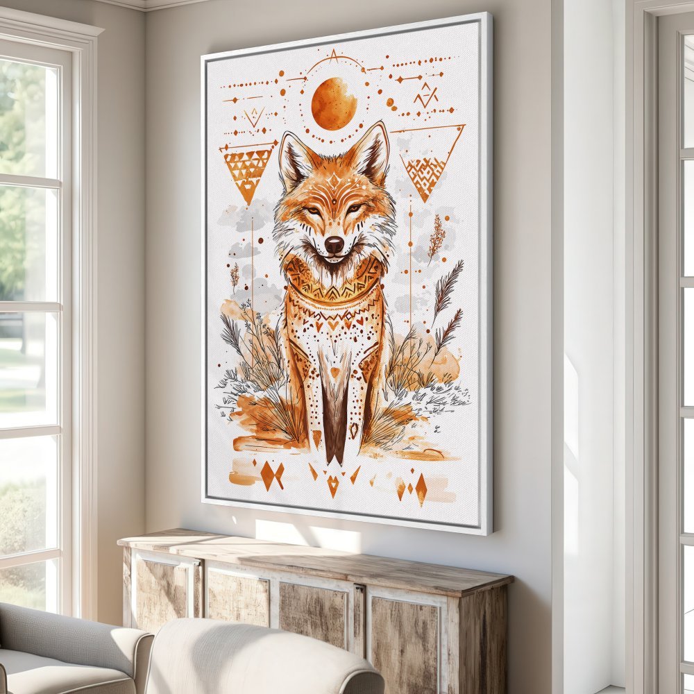 Framed Wall Art: Watercolor fox print in warm orange tones. Boho style canvas art for living room or bedroom decor.