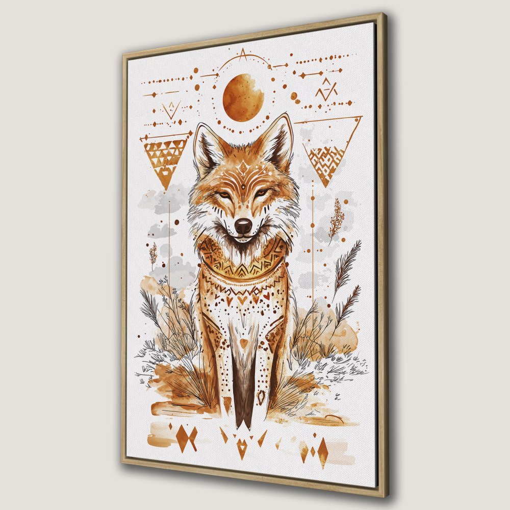 Framed Wall Art featuring a majestic fox in a watercolor bohemian style, warm earth-tone palette. Perfect for adding a touch of nature to your space!