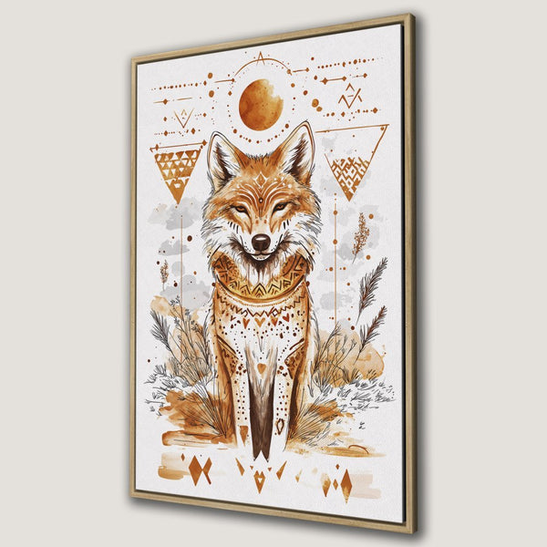 Framed Wall Art featuring a majestic fox in a watercolor bohemian style, warm earth-tone palette. Perfect for adding a touch of nature to your space!
