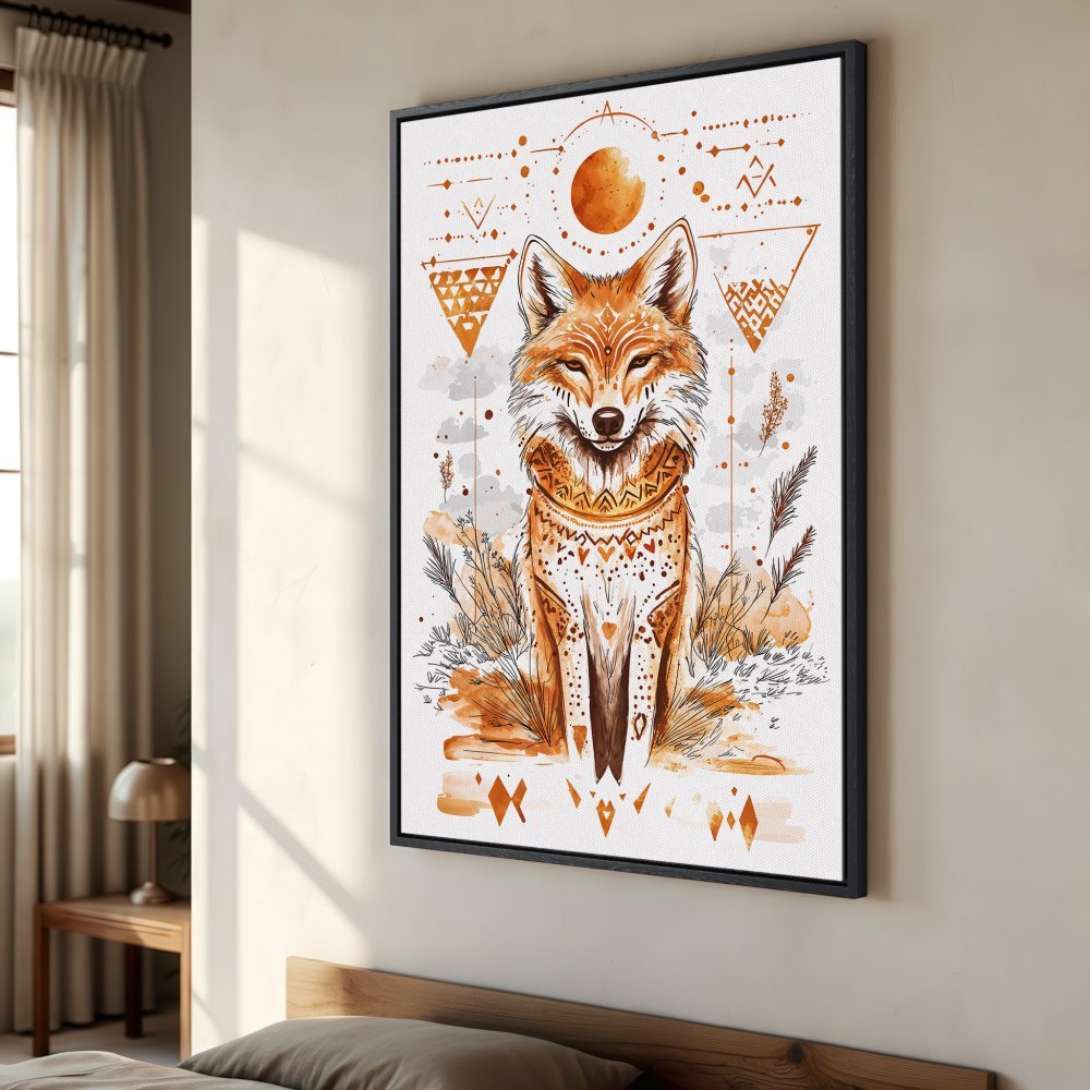 Framed Wall Art: Watercolor fox print in warm orange tones. Boho style canvas art for bedroom decor.