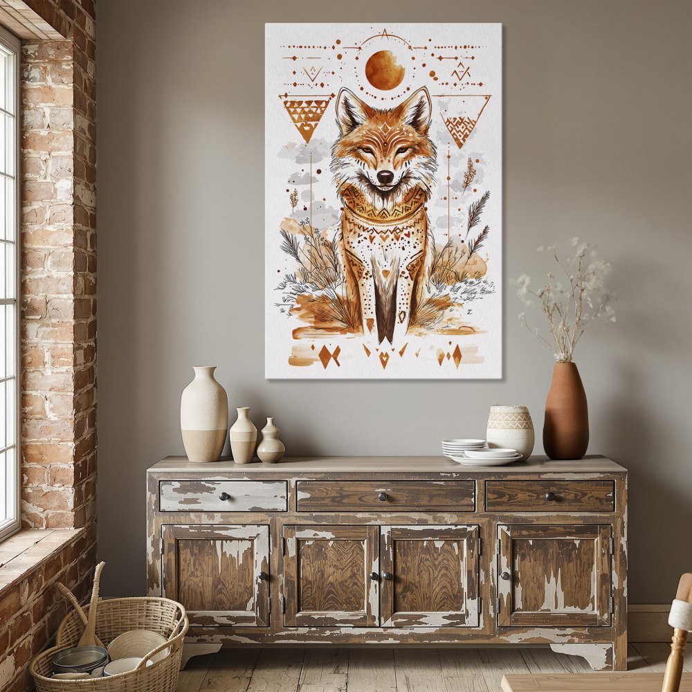 Framed Wall Art: Watercolor fox print in warm orange and brown tones. Boho style canvas art for living room or dining room decor.
