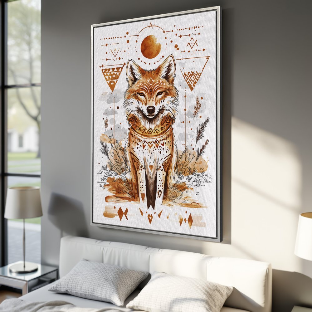 Framed Wall Art: Watercolor fox print in bohemian style, featuring warm earth tones. Perfect for adding a touch of nature & artistry to your space!