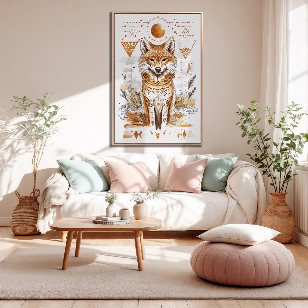 Framed Wall Art: Bohemian fox portrait in warm earth tones. Perfect for adding a touch of nature & style to your living room decor.