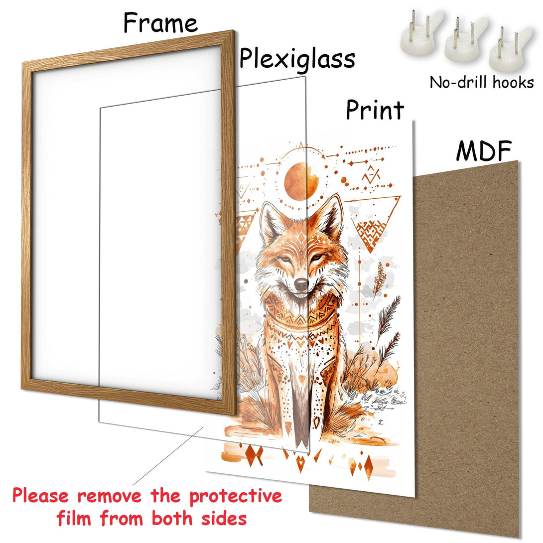 Framed Poster featuring a watercolor fox in warm orange tones. Perfect wall art!