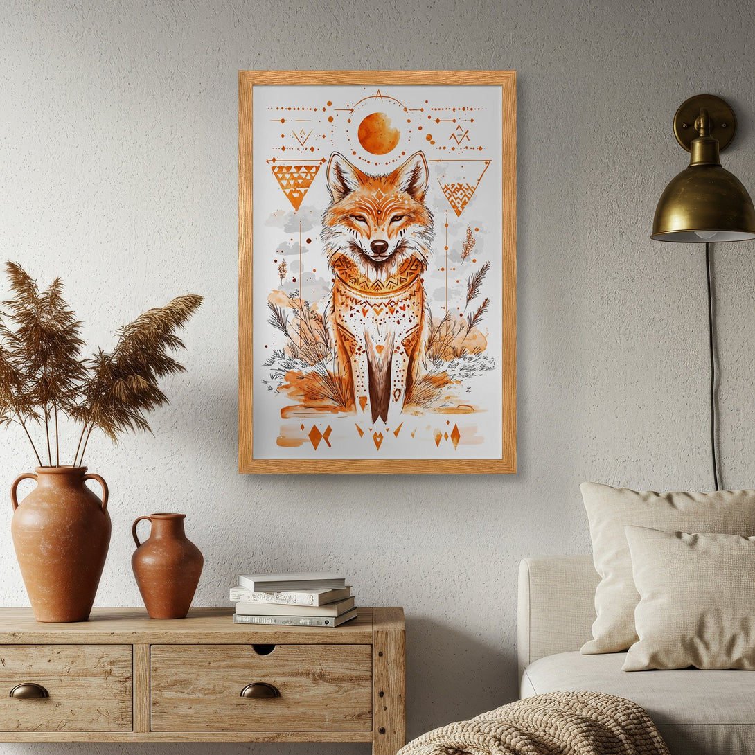 Framed Poster featuring a stylish fox illustration in warm orange tones. Perfect for adding boho art to your home decor!