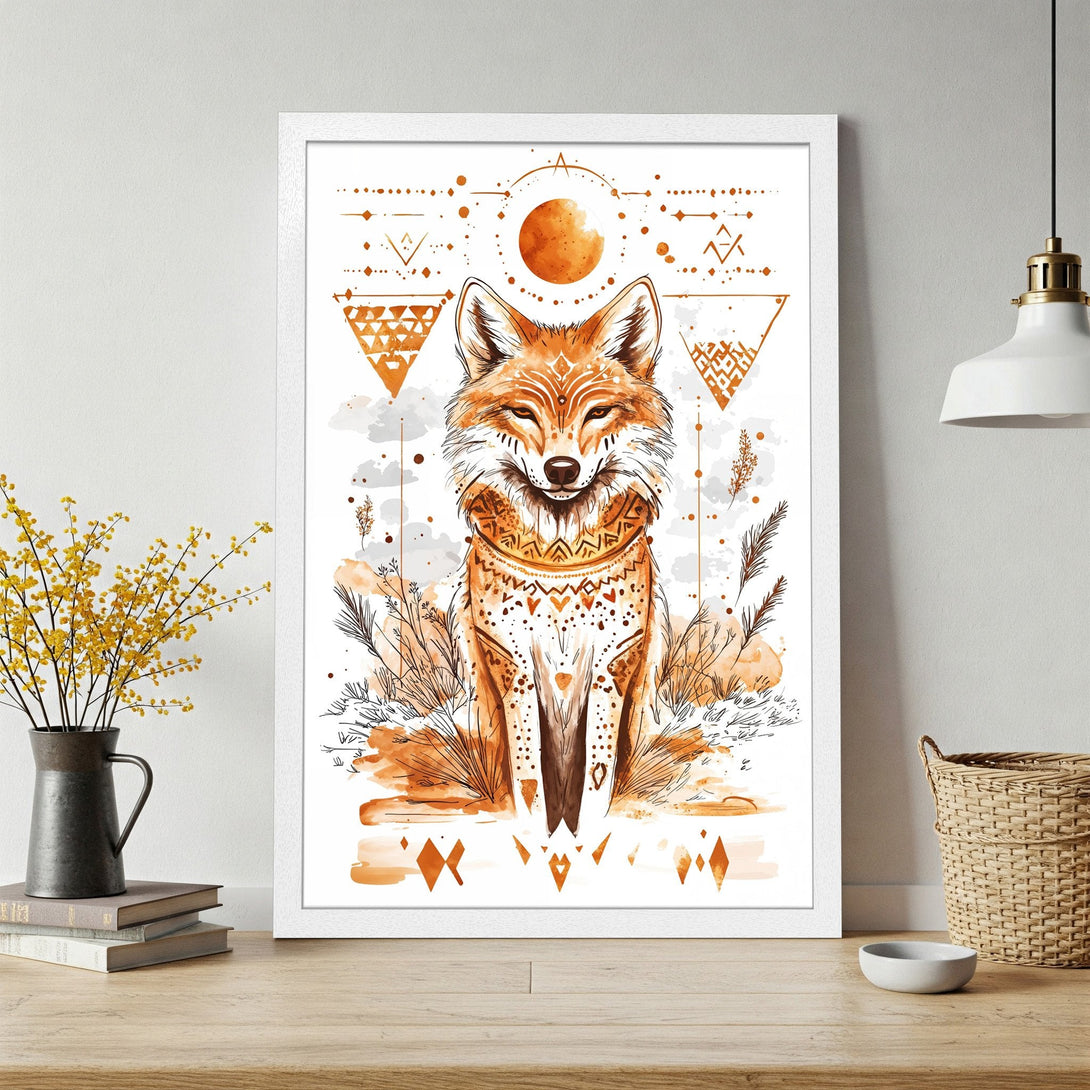 Framed Poster featuring a watercolor fox in boho style with an orange and white color palette. Perfect wall art!