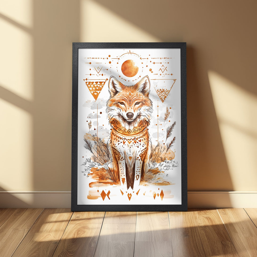 Framed Poster featuring a watercolor fox with geometric designs. Earthy orange and brown color palette, perfect for boho decor.