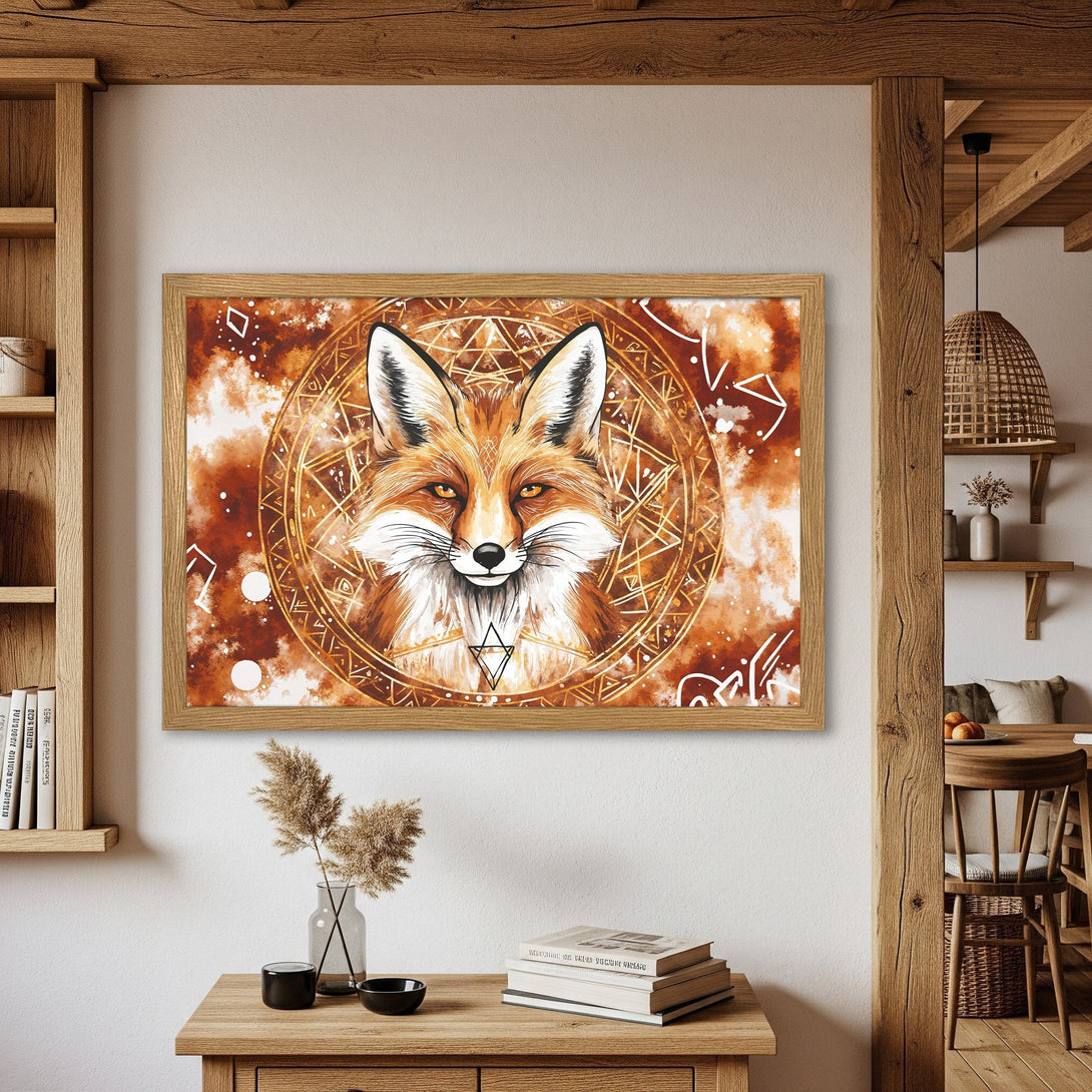Framed Poster featuring a majestic fox illustration in warm orange and brown tones, perfect for adding a touch of nature-inspired art.