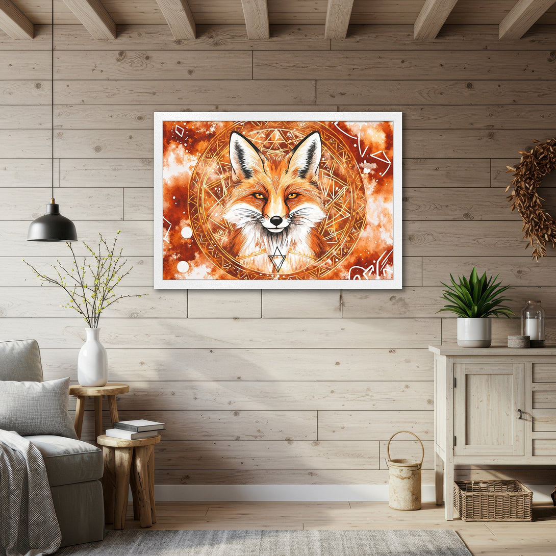 Framed Poster featuring a majestic fox in watercolor style, warm orange and gold tones, perfect for home decor.