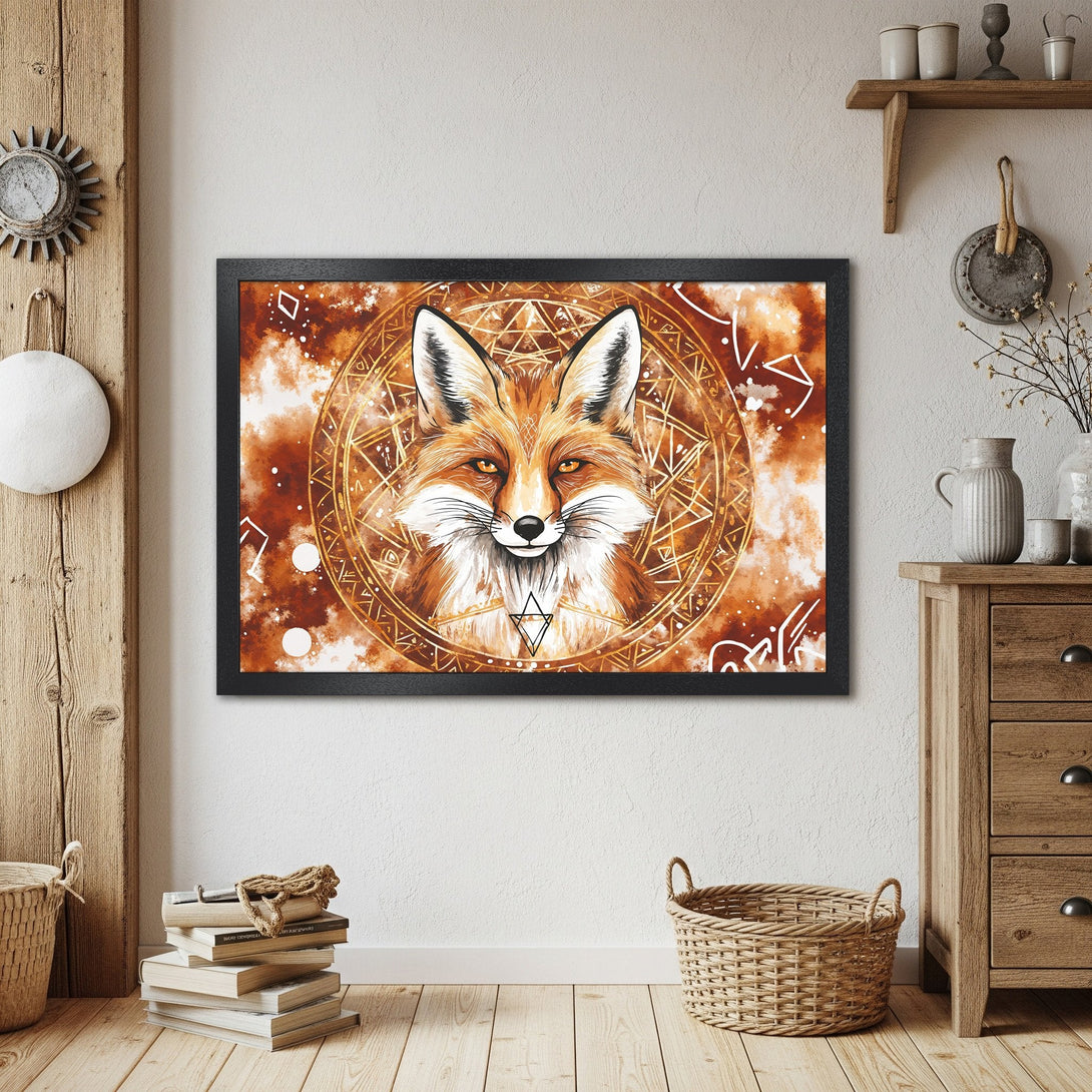 Framed Poster featuring a fox illustration in warm orange tones, perfect for rustic decor. Stylish art print.
