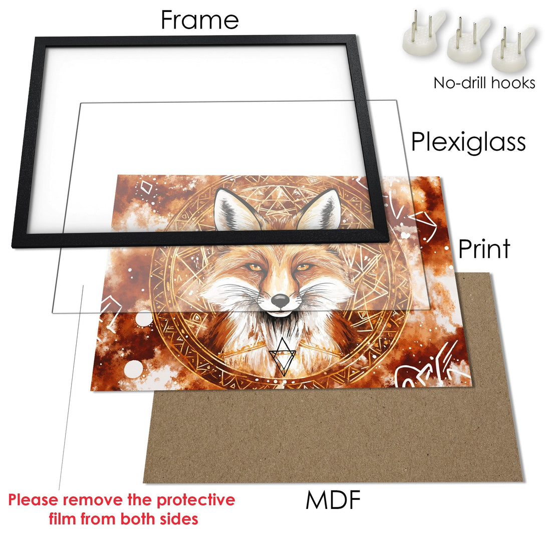 Framed Poster featuring a fox illustration in warm earth tones. Stylish wall art for your home. Get yours today!