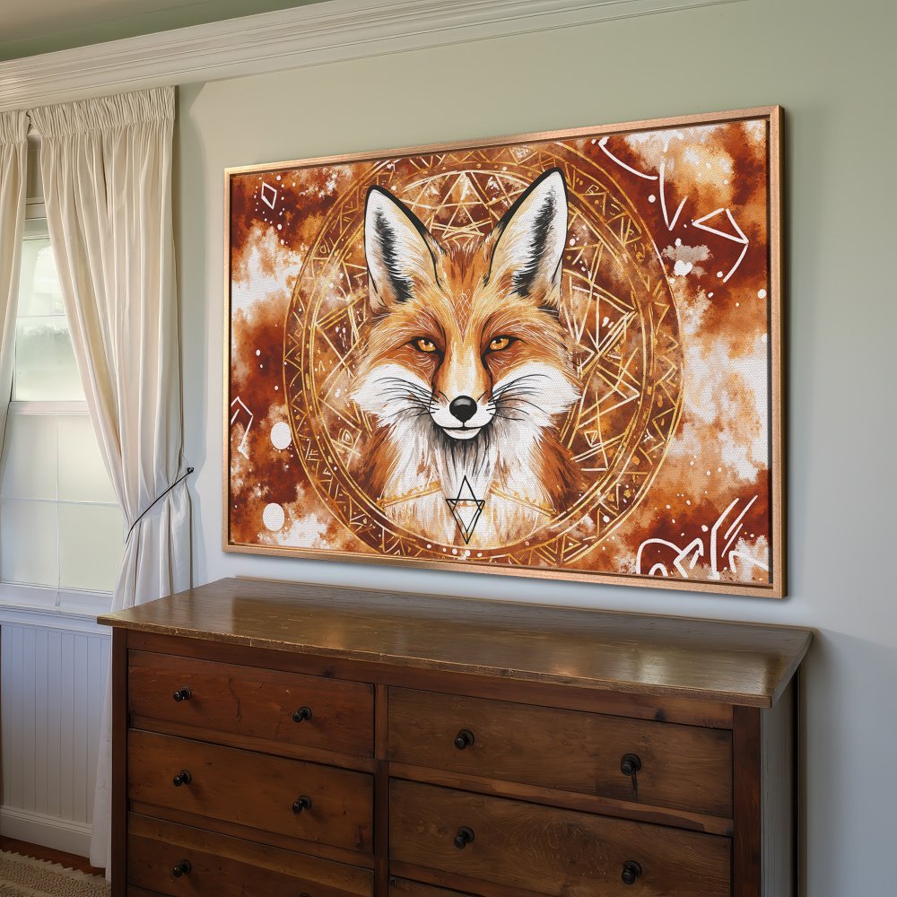 Framed Wall Art featuring a majestic fox in warm orange and brown tones. Boho style Canvas Print adds a touch of nature to any room.