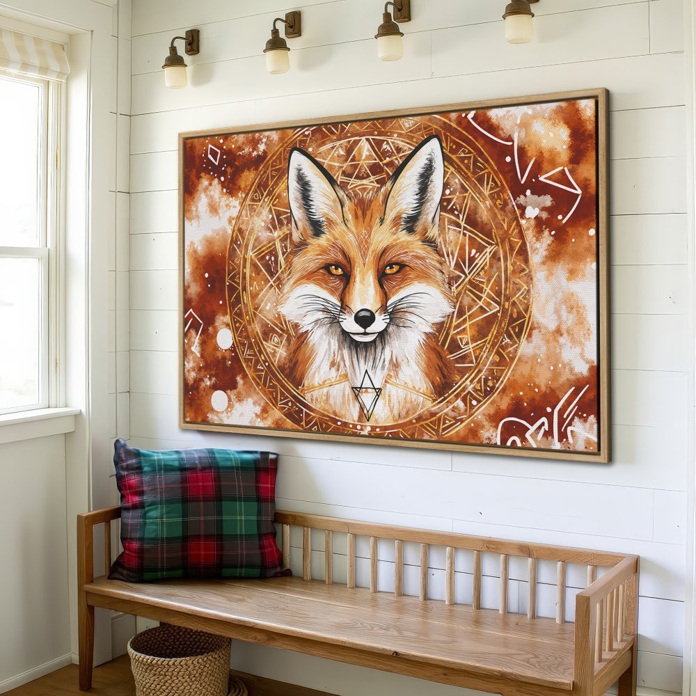 Framed Wall Art: Majestic fox portrait in warm orange & brown tones. Rustic style Canvas Print adds a touch of nature and art to your home decor.