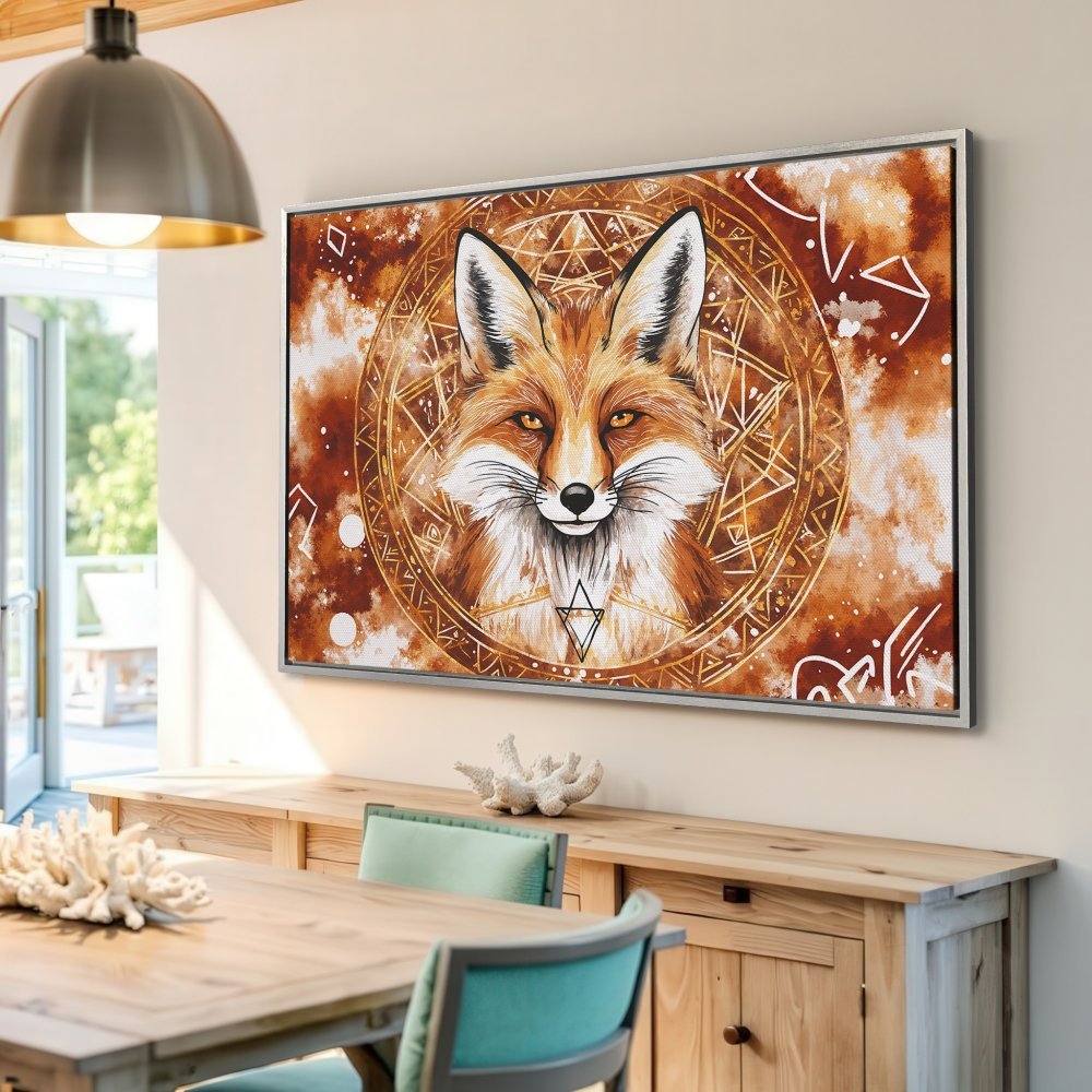 Framed Wall Art: Mystical fox portrait in warm orange tones. Boho style Canvas Print perfect for living room decor.