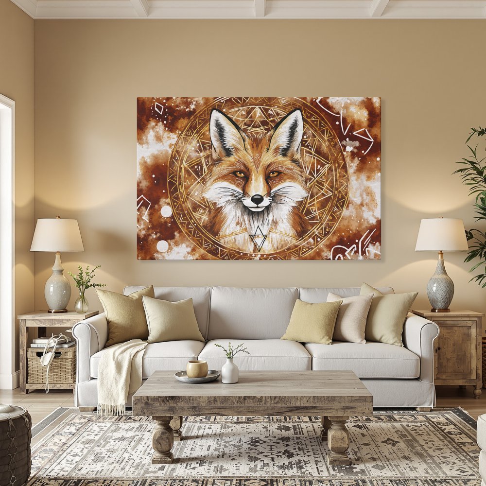 Framed Wall Art: Mystical fox canvas print with warm brown and gold tones. Perfect for adding a touch of boho style to your home decor.