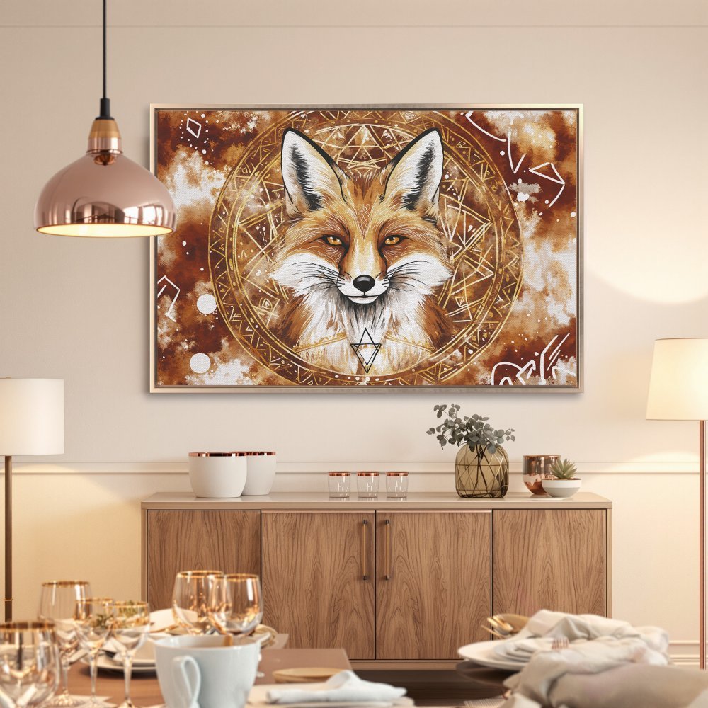Framed Wall Art: Mystical fox portrait in warm earth tones. Perfect for adding a touch of boho style to your home decor. Shop now!