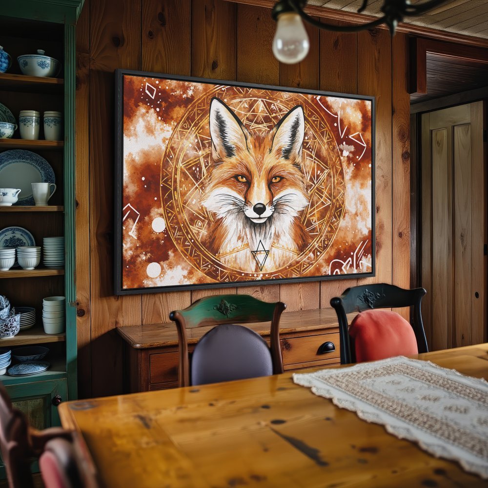 Framed Wall Art: Majestic fox portrait in warm orange and brown tones, perfect for rustic or bohemian home decor.