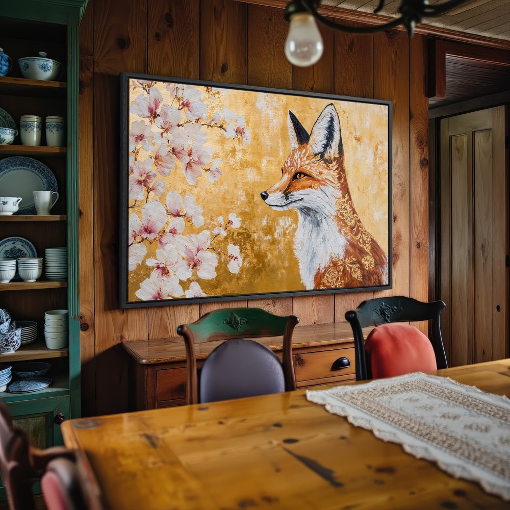 Framed Wall Art: Majestic fox portrait with gold background and floral accents. Warm color palette, perfect for rustic decor.