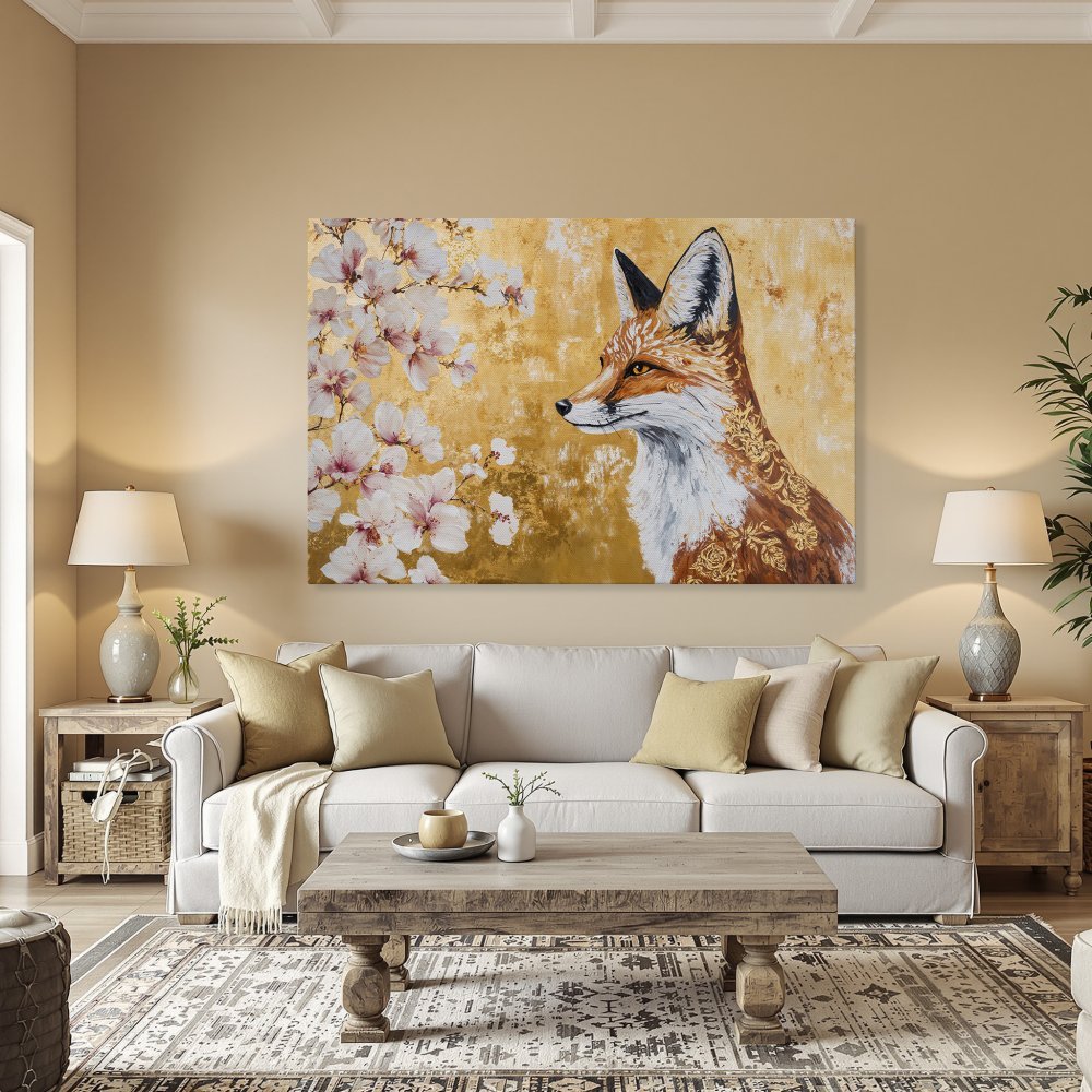 Framed Wall Art featuring a majestic fox, floral accents, and a warm gold and orange color palette. Perfect for adding elegance to any room!