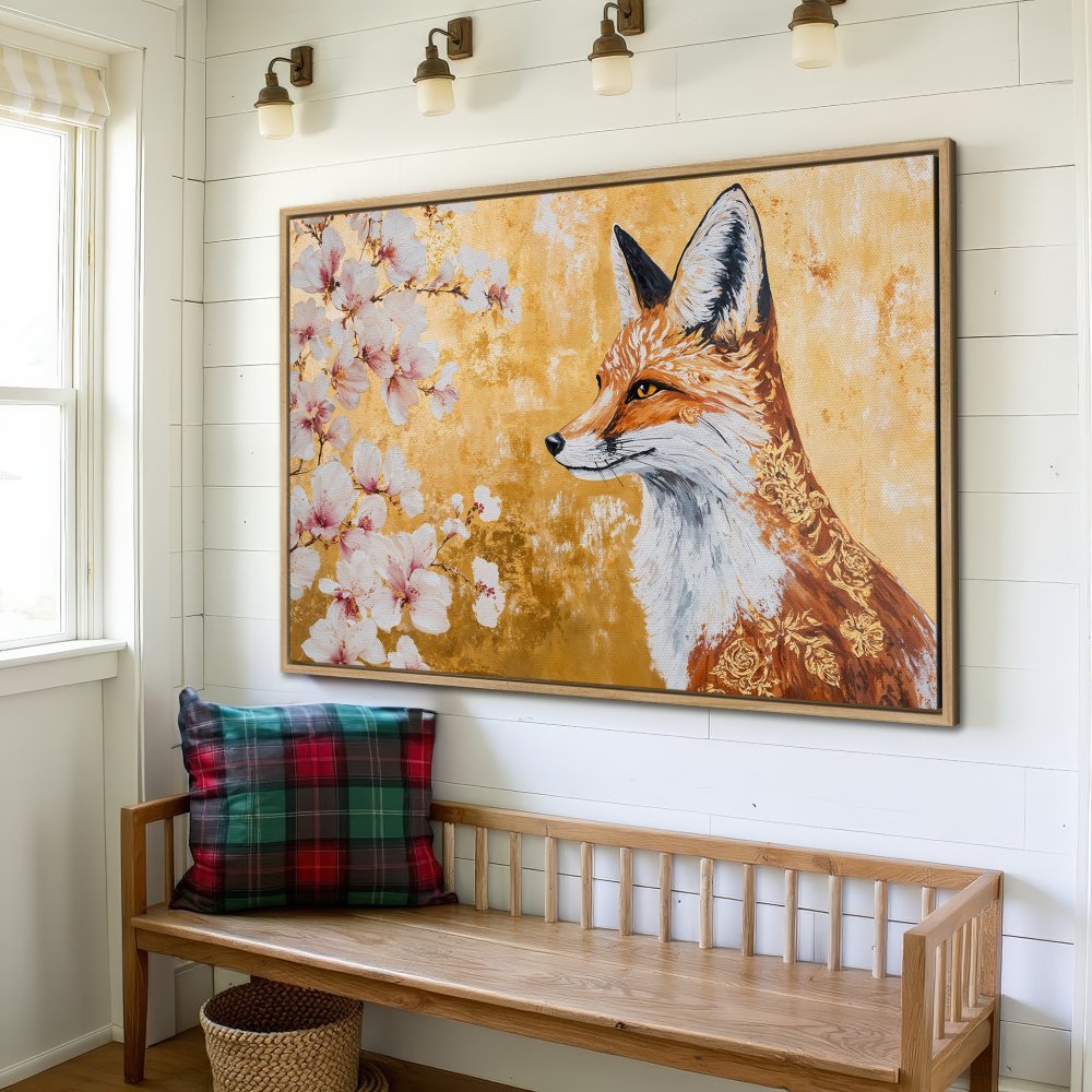 Framed Wall Art: Majestic fox portrait Canvas Print with gold and floral accents, warm orange & gold color palette, perfect for home decor.