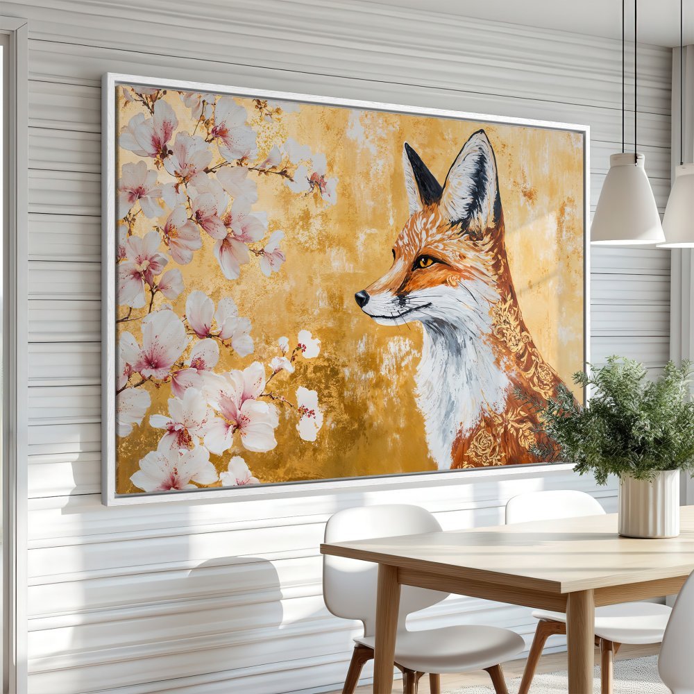 Framed Wall Art: Fox portrait with floral accents in warm gold and white tones. Stunning canvas print for a modern interior.