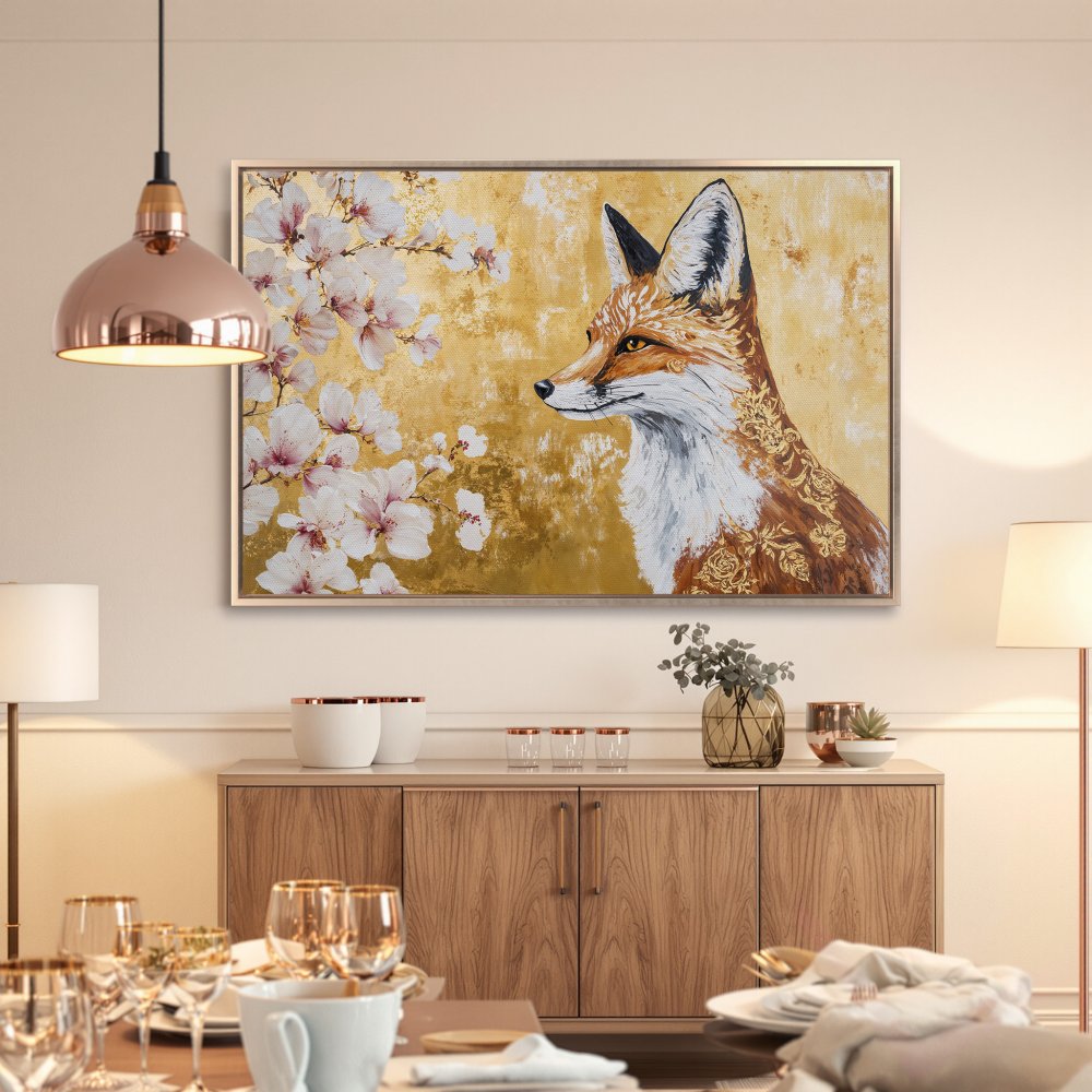 Framed Wall Art: Elegant fox painting with floral accents in gold and brown tones. Perfect for adding a touch of sophistication to your home decor.